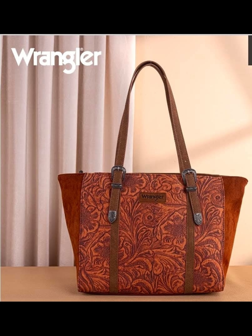 Wrangler Brown CCW Floral-Embossed Tote with Suede Sides